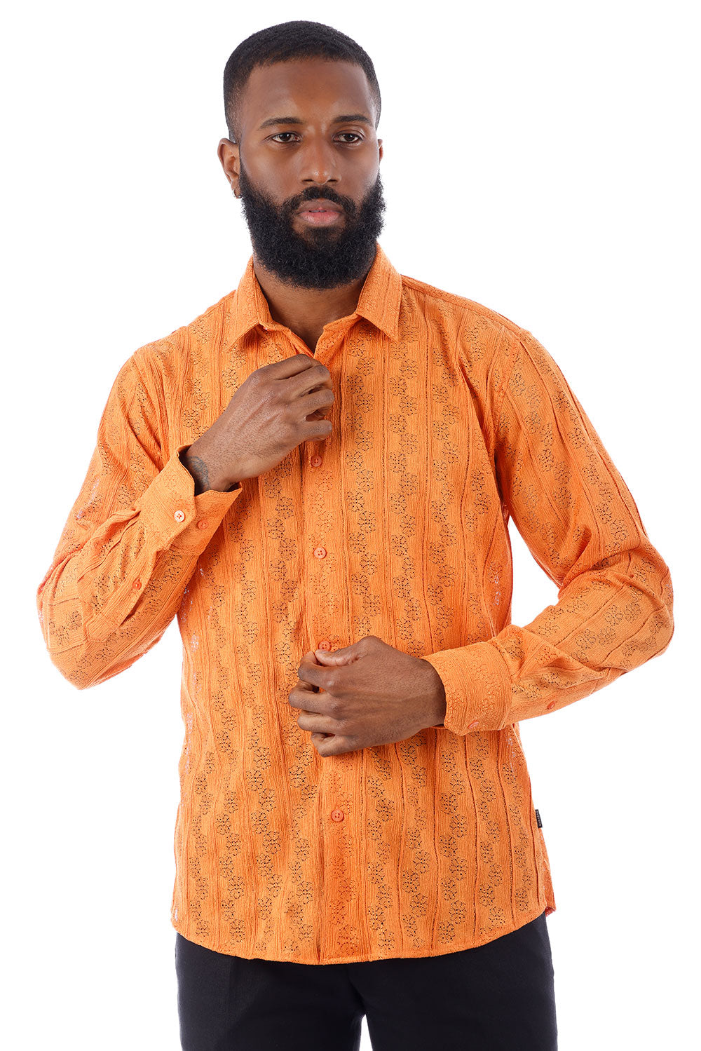 BARABAS Men's Floral Knitted Button Down Long Sleeve Shirt 4B44 Orange