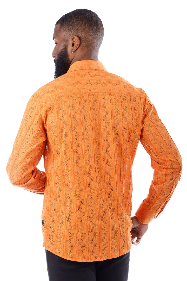 BARABAS Men's Floral Knitted Button Down Long Sleeve Shirt 4B44 Orange
