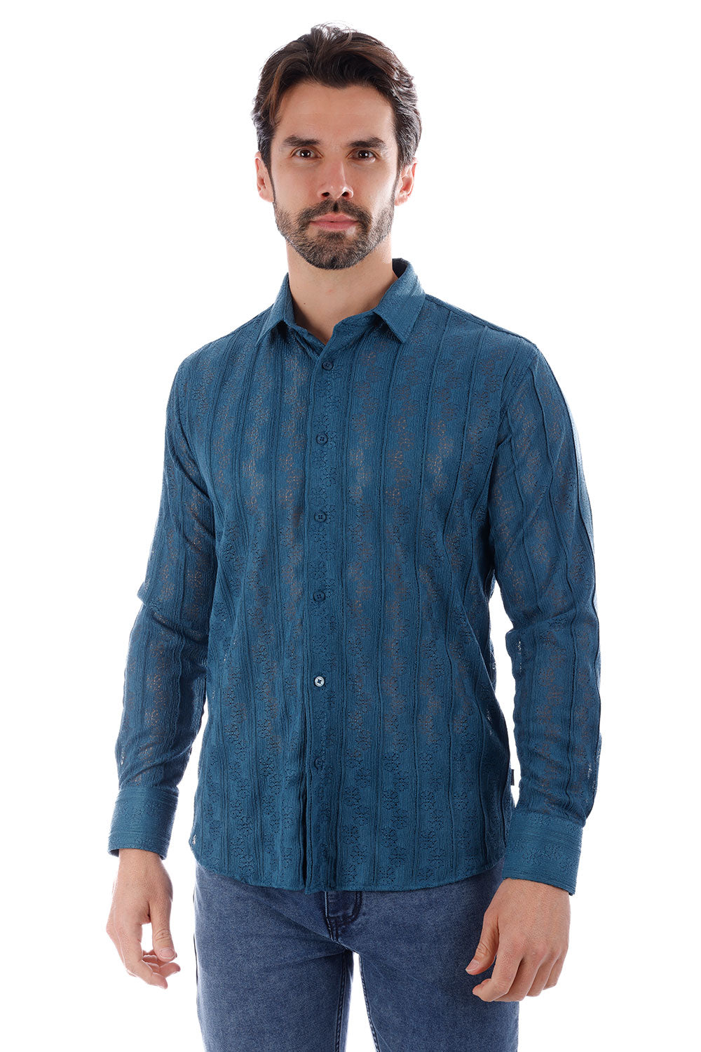 BARABAS Men's Floral Knitted Button Down Long Sleeve Shirt 4B44 Cobalt