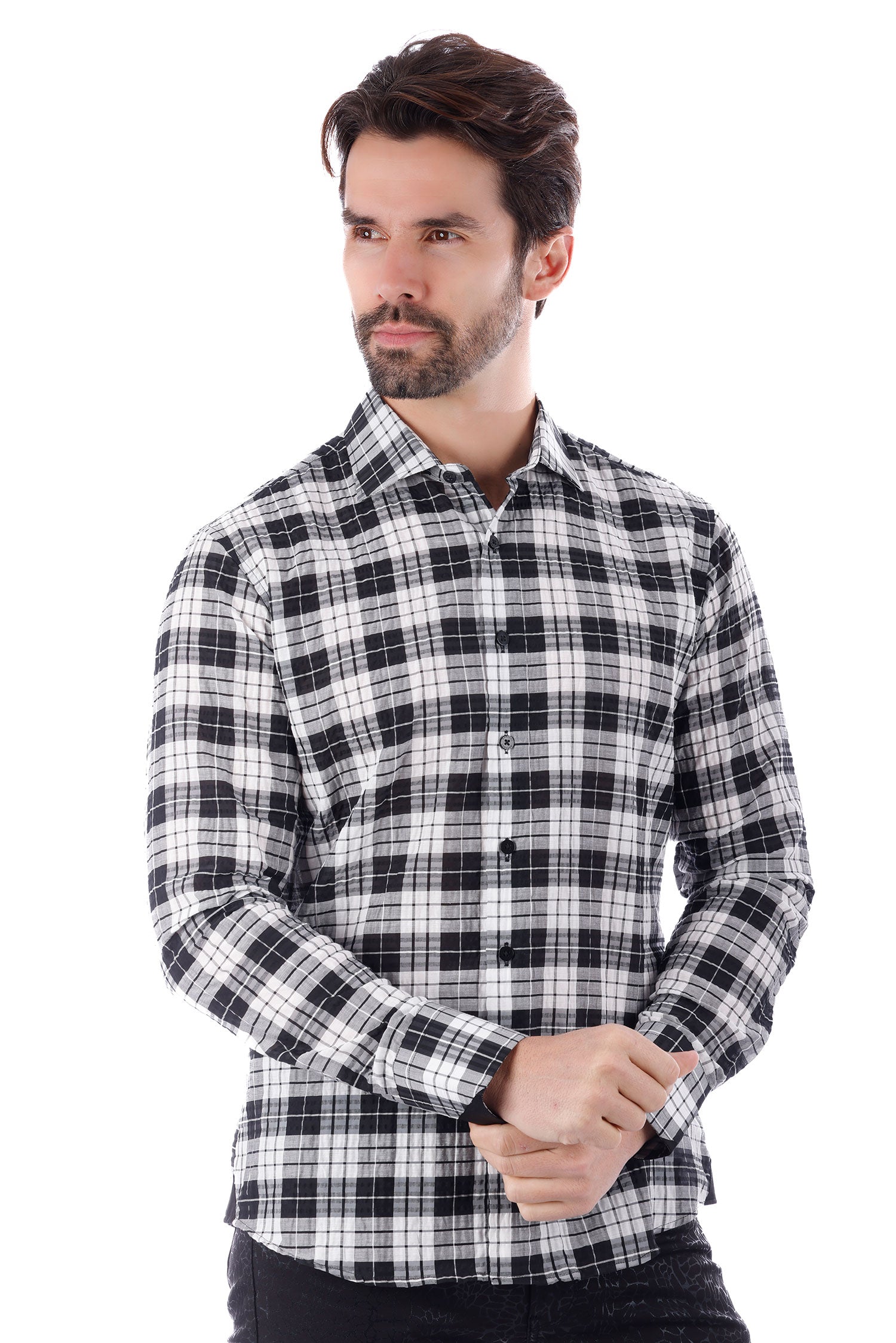 Barabas Men's Plaid Button Down Long Sleeve Shirts 4B47 Black White