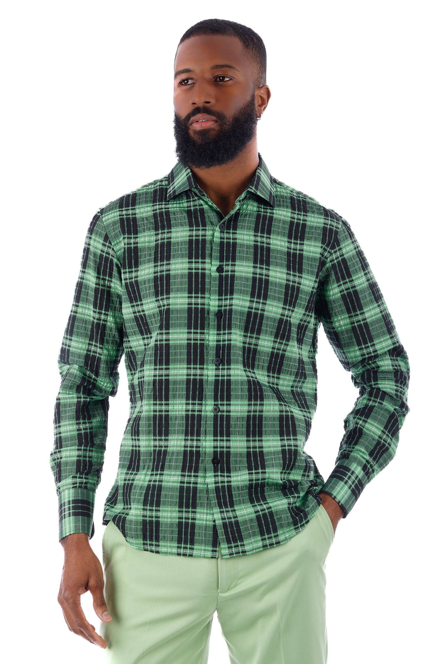 Barabas Men's Plaid Button Down Long Sleeve Shirts 4B47 Green Black