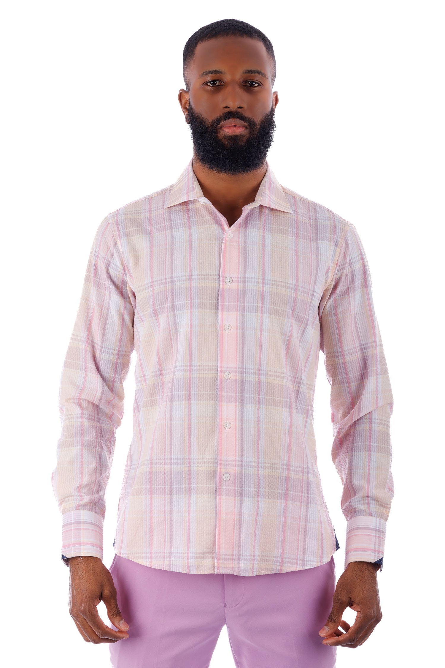 Barabas Men's Plaid Button Down Long Sleeve Shirts 4B47 Pink