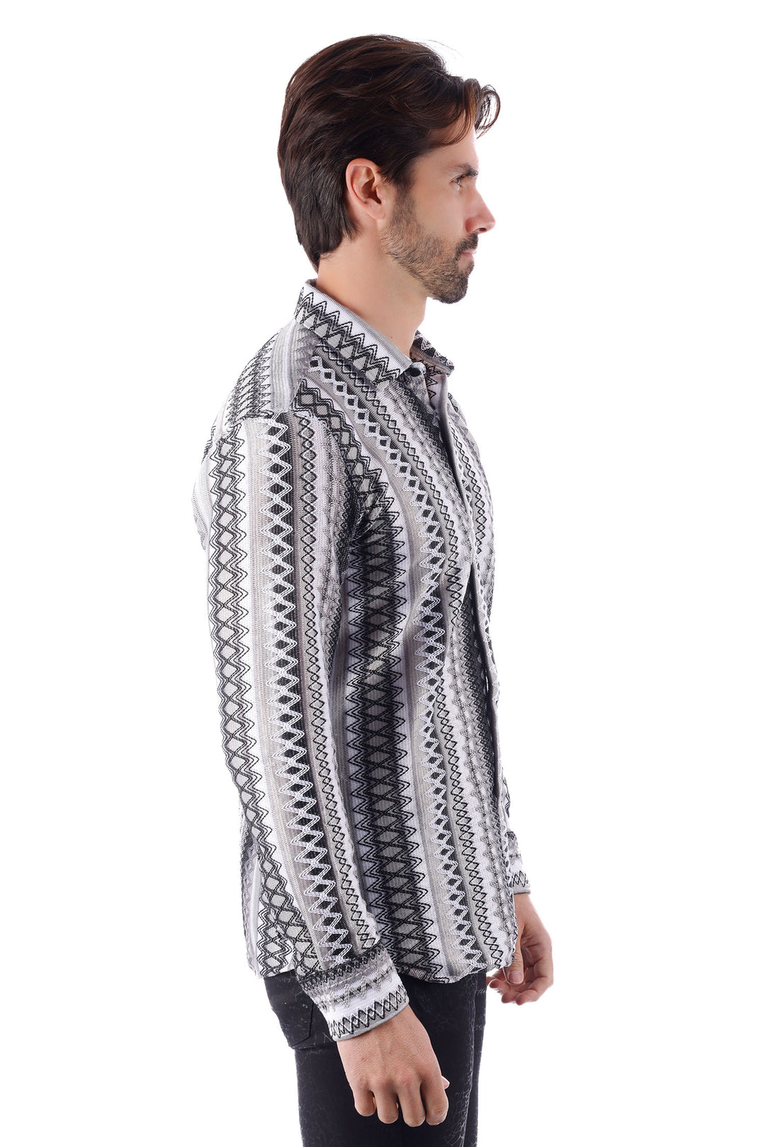 Barabas Men's Geometric Pattern See Through Long Sleeve Shirts 4B55 Black White