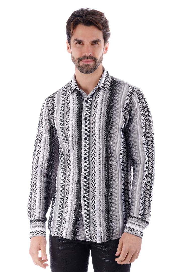 Barabas Men's Geometric Pattern See Through Long Sleeve Shirts 4B55 Black White