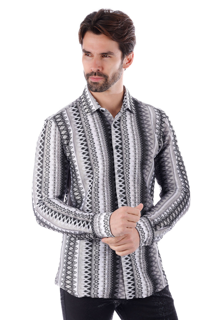 Barabas Men's Geometric Pattern See Through Long Sleeve Shirts 4B55 Black White