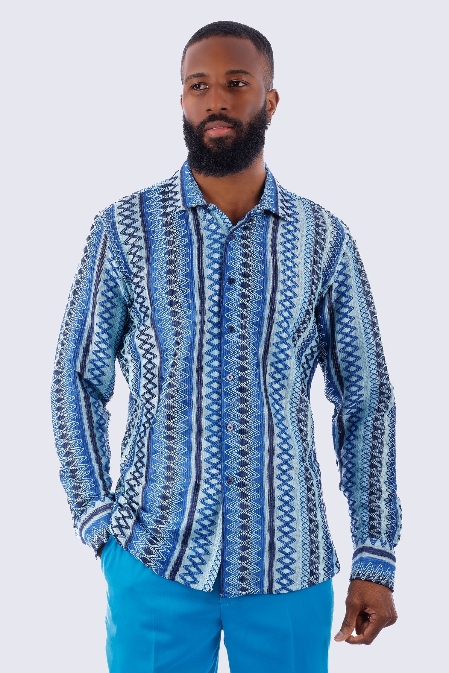 Barabas Men's Geometric Pattern See Through Long Sleeve Shirts 4B55 Blue