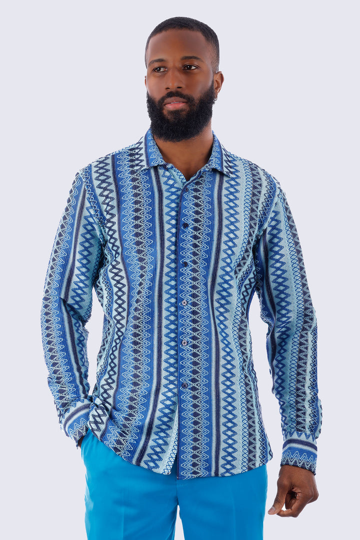 Barabas Men's Geometric Pattern See Through Long Sleeve Shirts 4B55 Blue