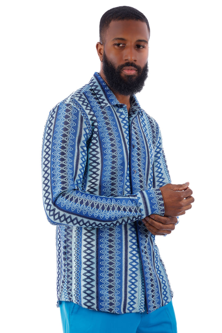 Barabas Men's Geometric Pattern See Through Long Sleeve Shirts 4B55 Blue