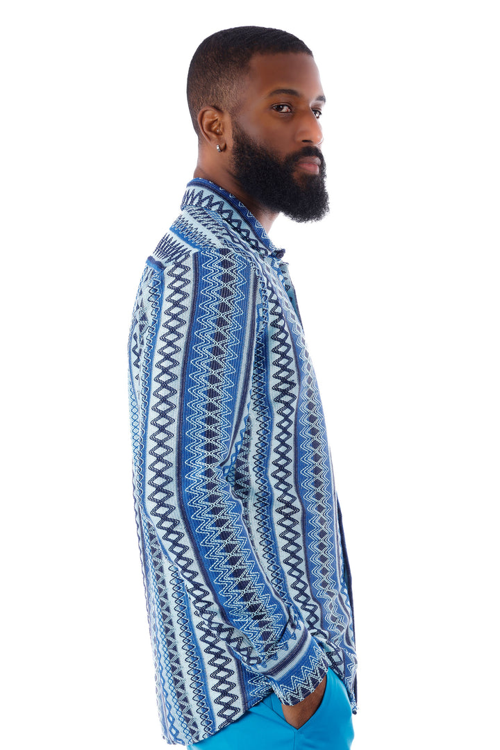 Barabas Men's Geometric Pattern See Through Long Sleeve Shirts 4B55 Blue