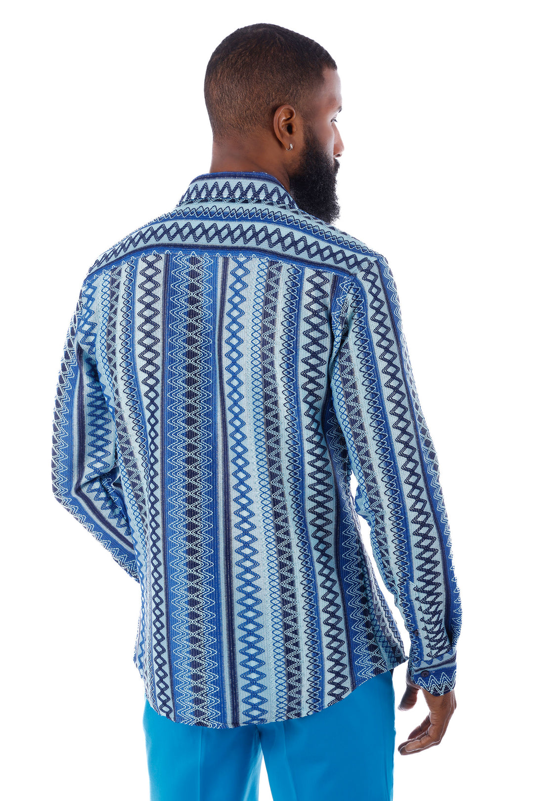 Barabas Men's Geometric Pattern See Through Long Sleeve Shirts 4B55 Blue