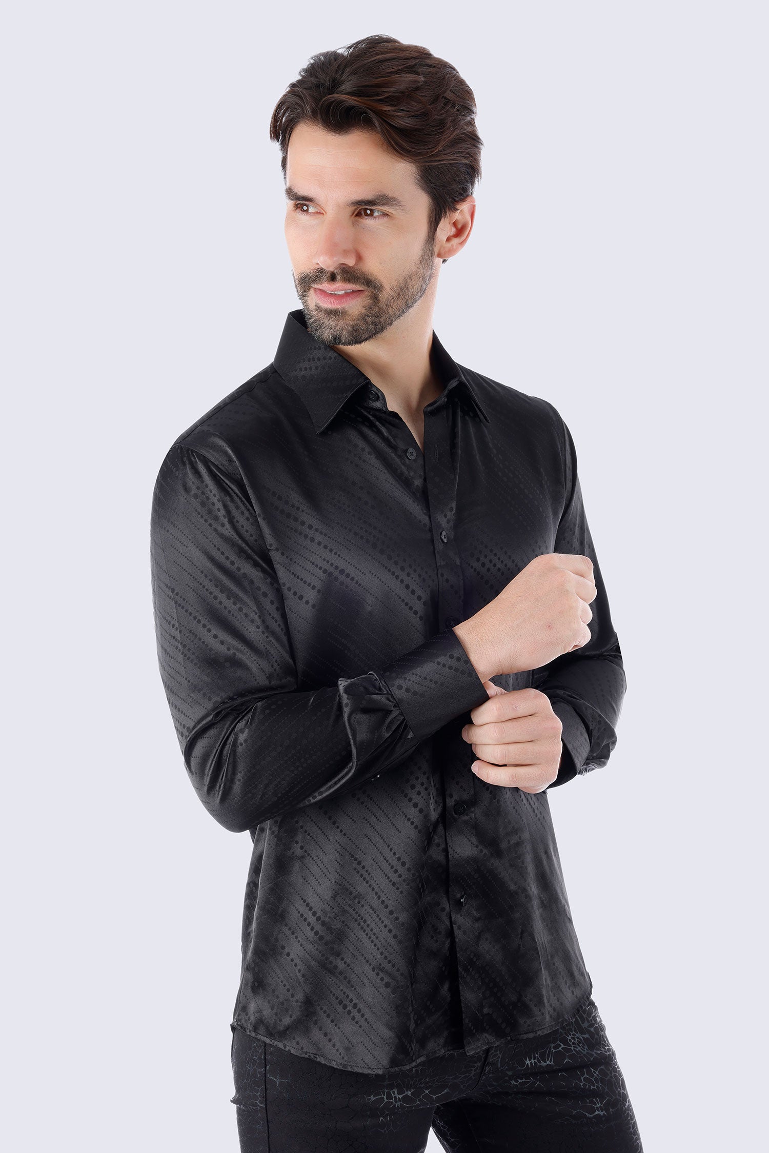 Barabas Men's Symmetrical Circular Pattern Long Sleeve Shirts 4B56 Black