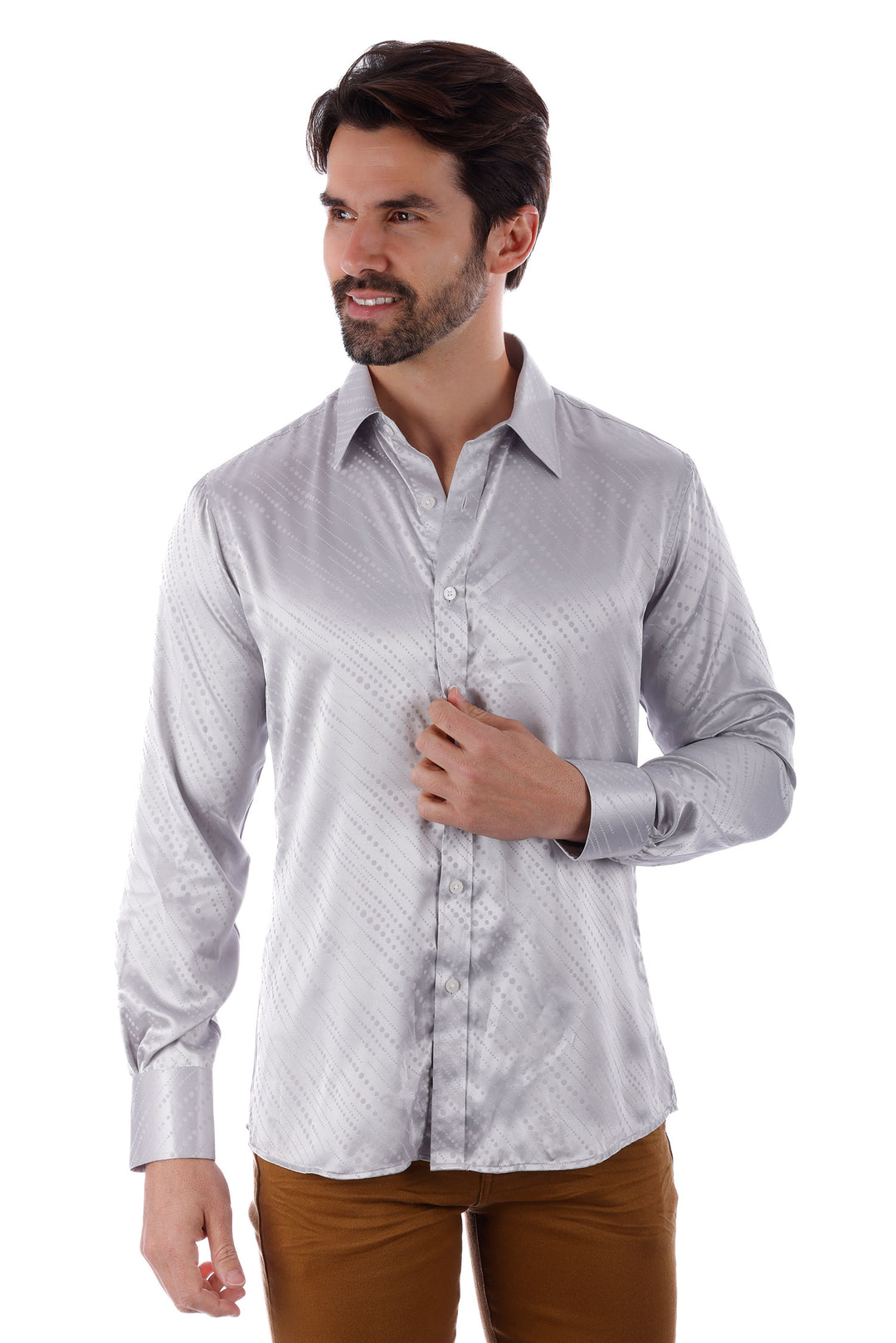 Barabas Men's Symmetrical Circular Pattern Long Sleeve Shirts 4B56 Silver