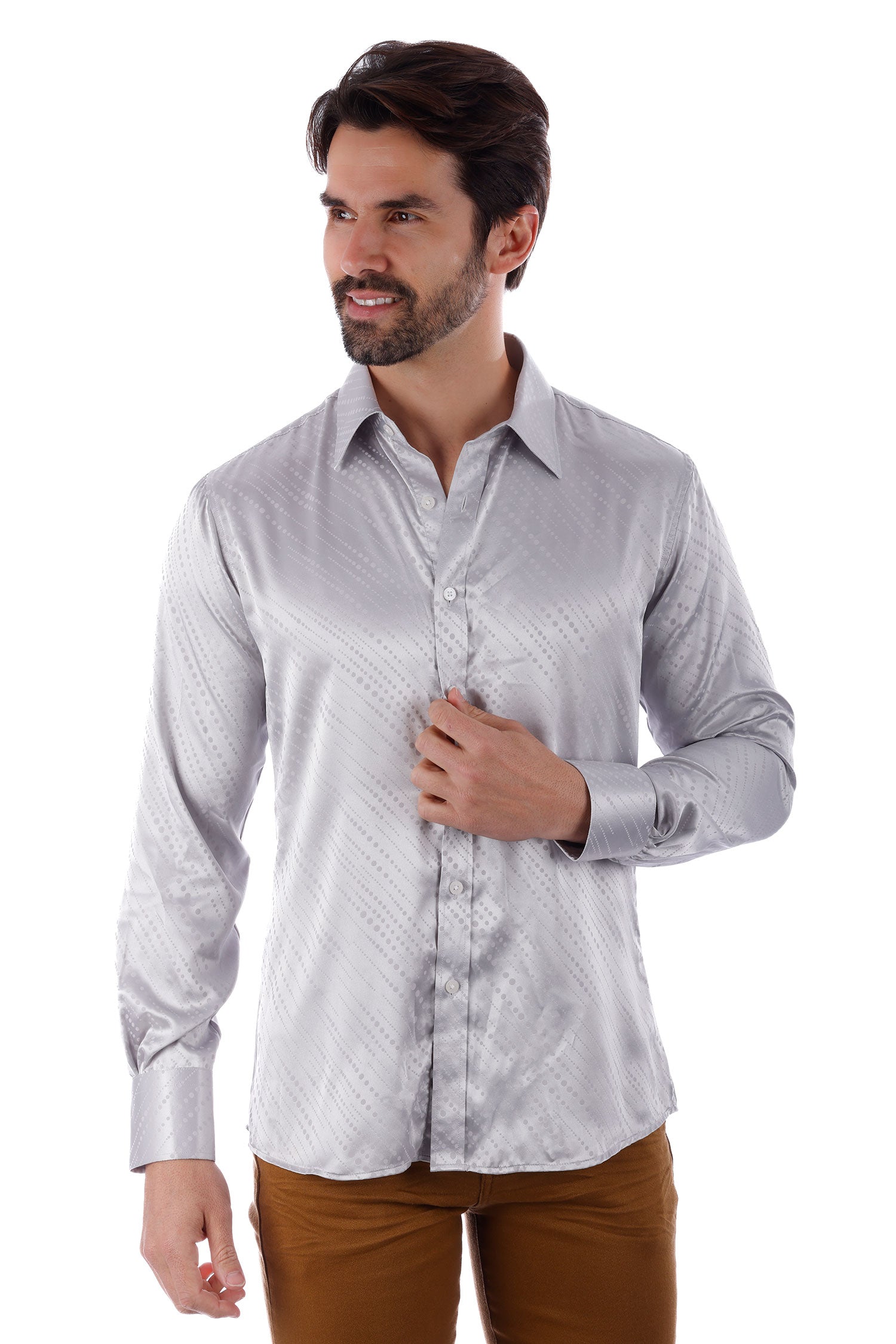 Barabas Men's Symmetrical Circular Pattern Long Sleeve Shirts 4B56 Silver