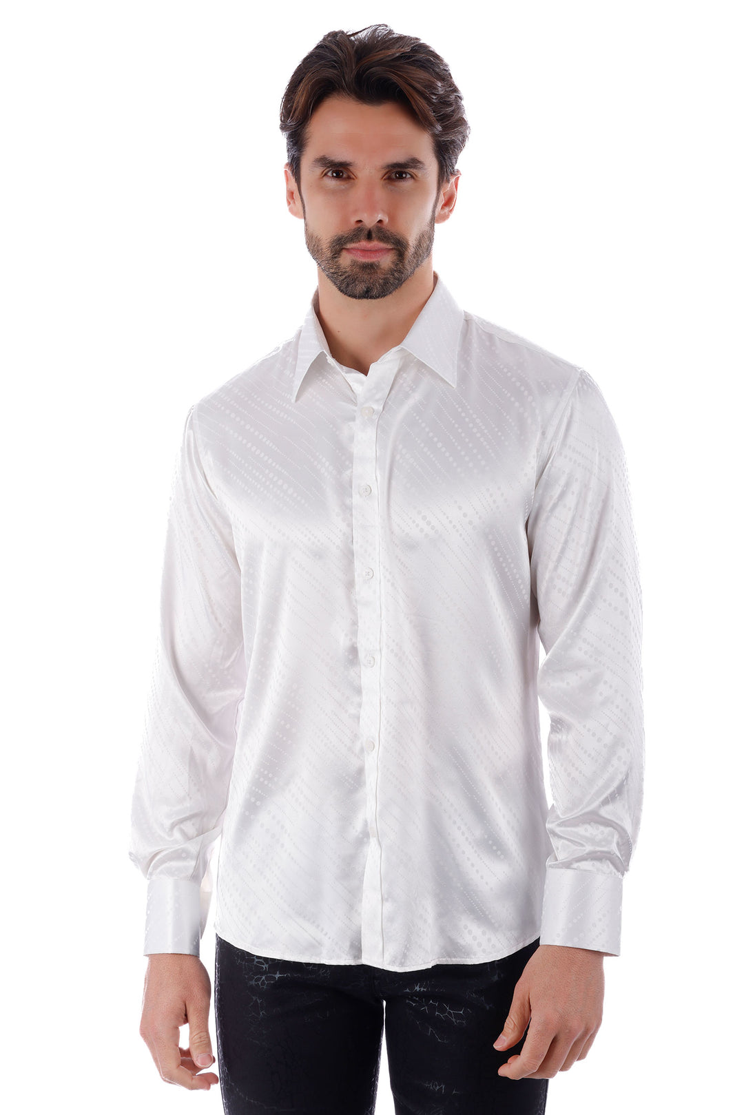 Barabas Men's Symmetrical Circular Pattern Long Sleeve Shirts 4B56 WhiteBarabas Men's Symmetrical Circular Pattern Long Sleeve Shirts 4B56 White