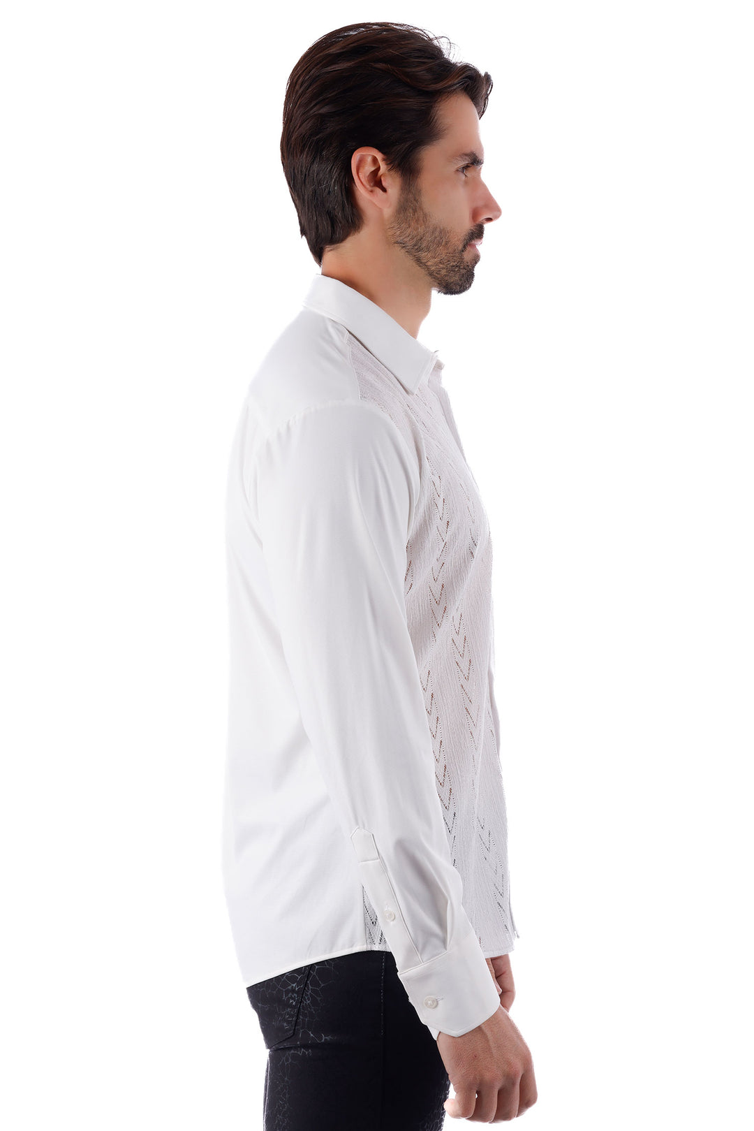 Barabas Men's Geometric Stretch See-through Long Sleeve Shirts 4B60 White