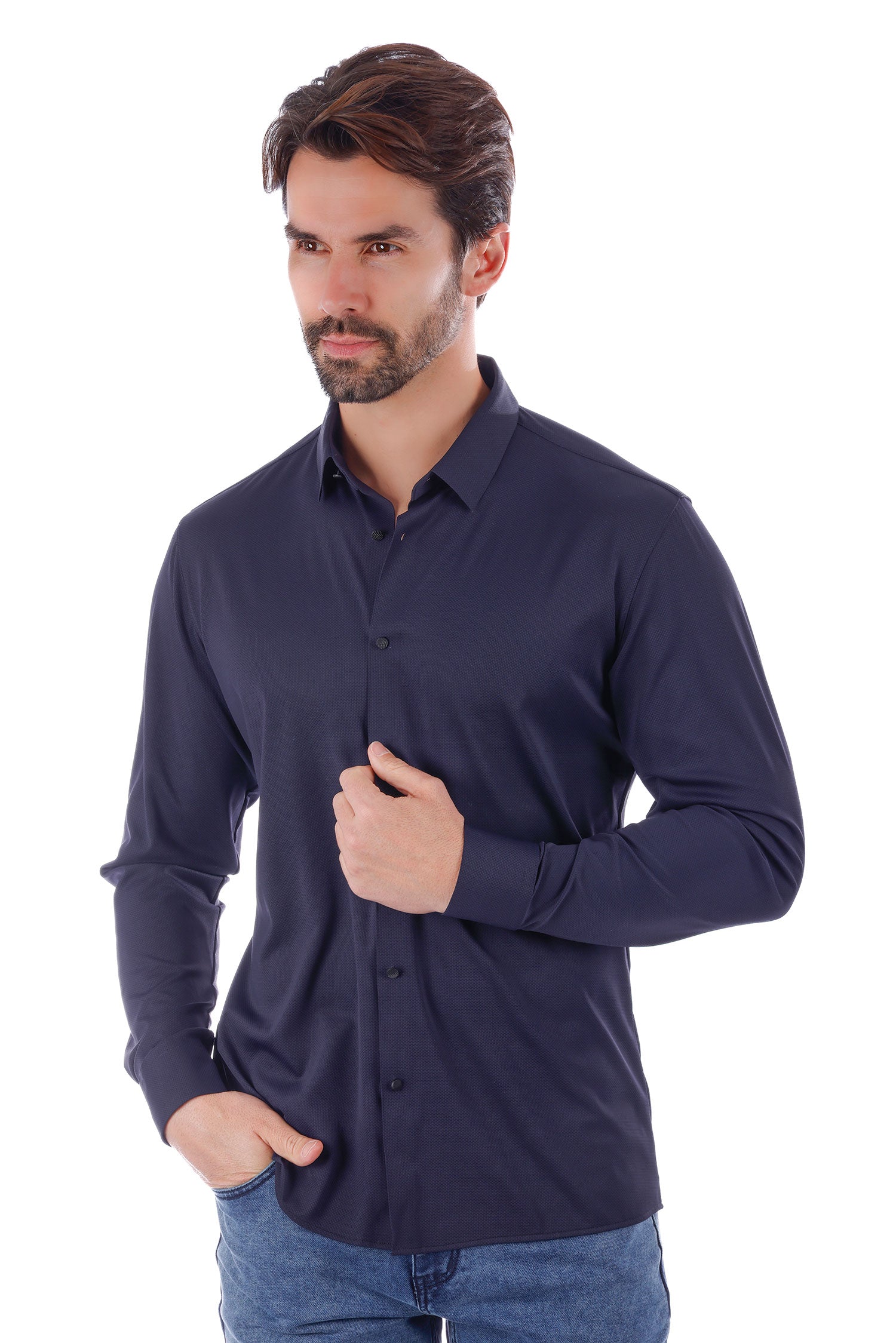 Barabas Men's Slim-fit Stretch Button Down Long Sleeve Shirts 4B61 Navy