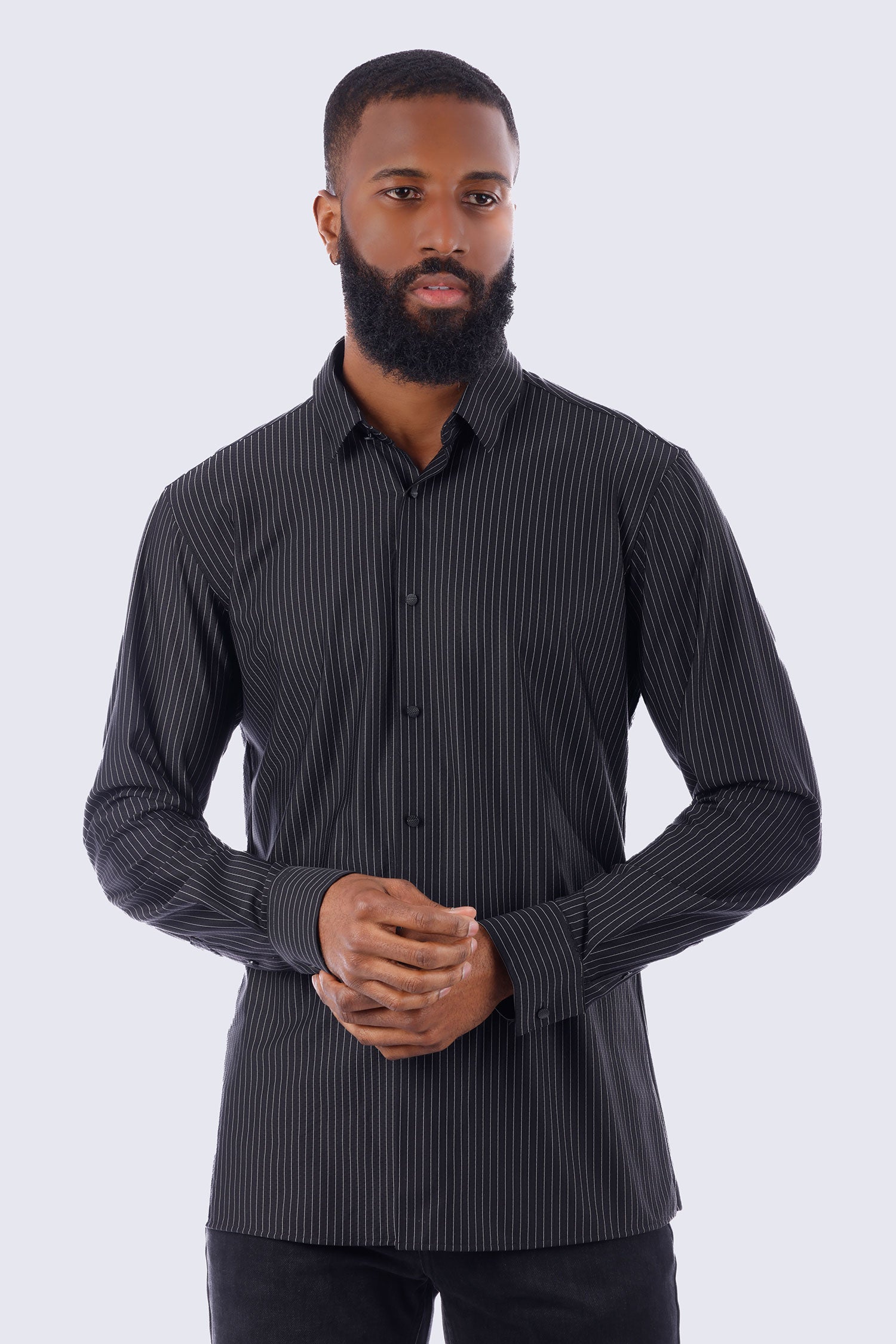 Barabas Men's Striped Stretchable Button Down Long Sleeve Shirts 4B62 Black