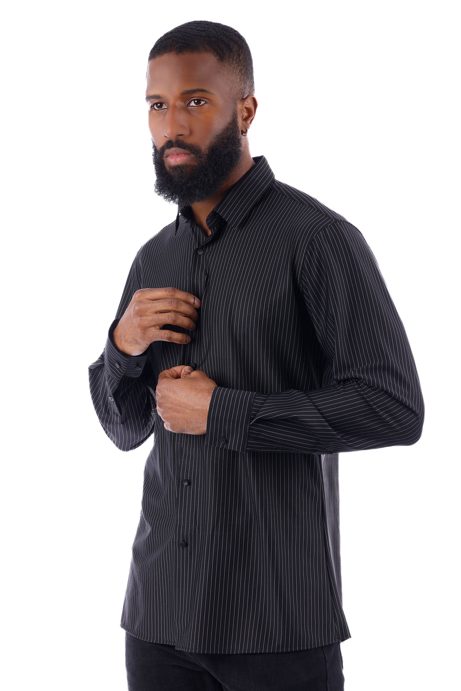 Barabas Men's Striped Stretchable Button Down Long Sleeve Shirts 4B62 Black