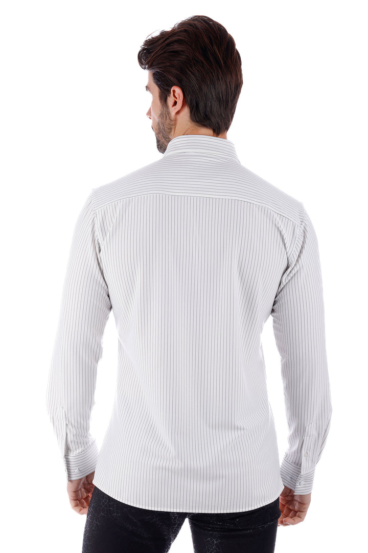 Barabas Men's Striped Stretchable Button Down Long Sleeve Shirts 4B62 White