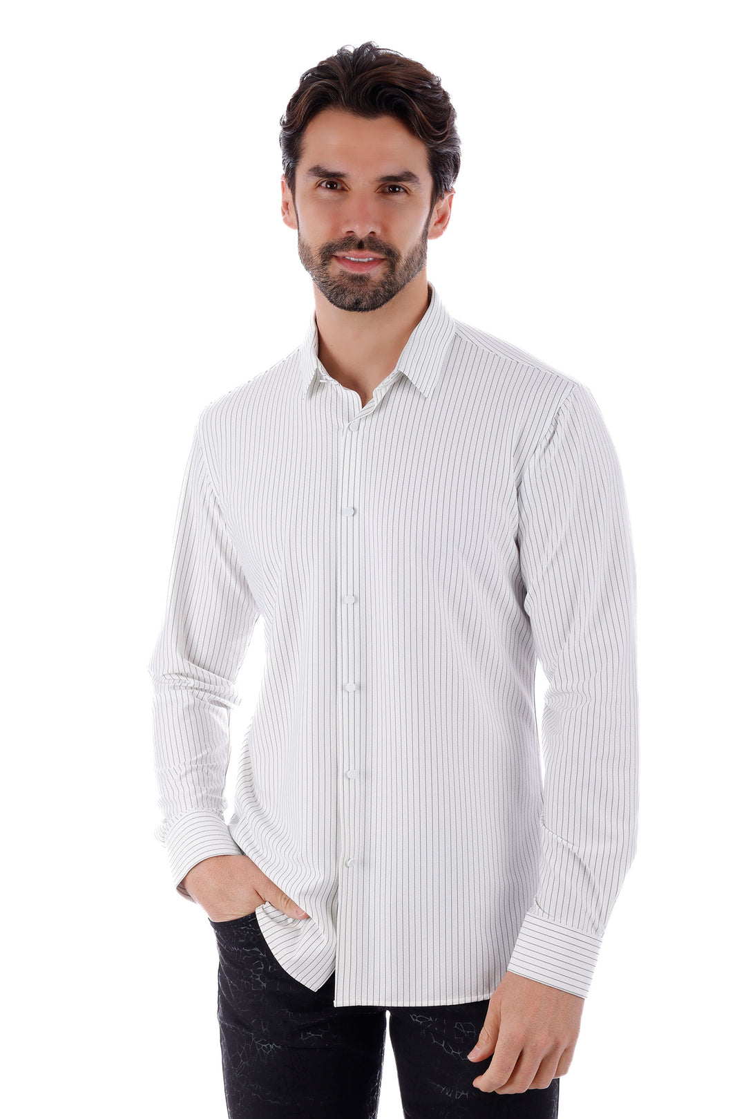 Barabas Men's Striped Stretchable Button Down Long Sleeve Shirts 4B62 White