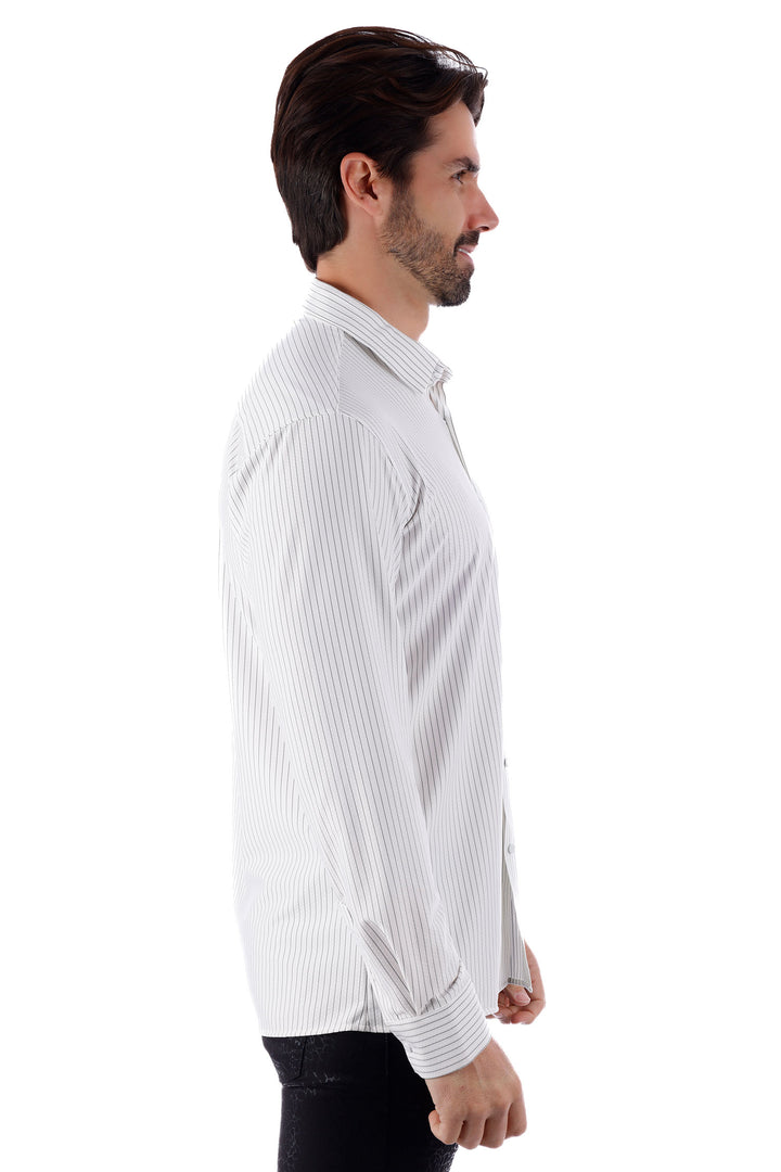 Barabas Men's Striped Stretchable Button Down Long Sleeve Shirts 4B62 White