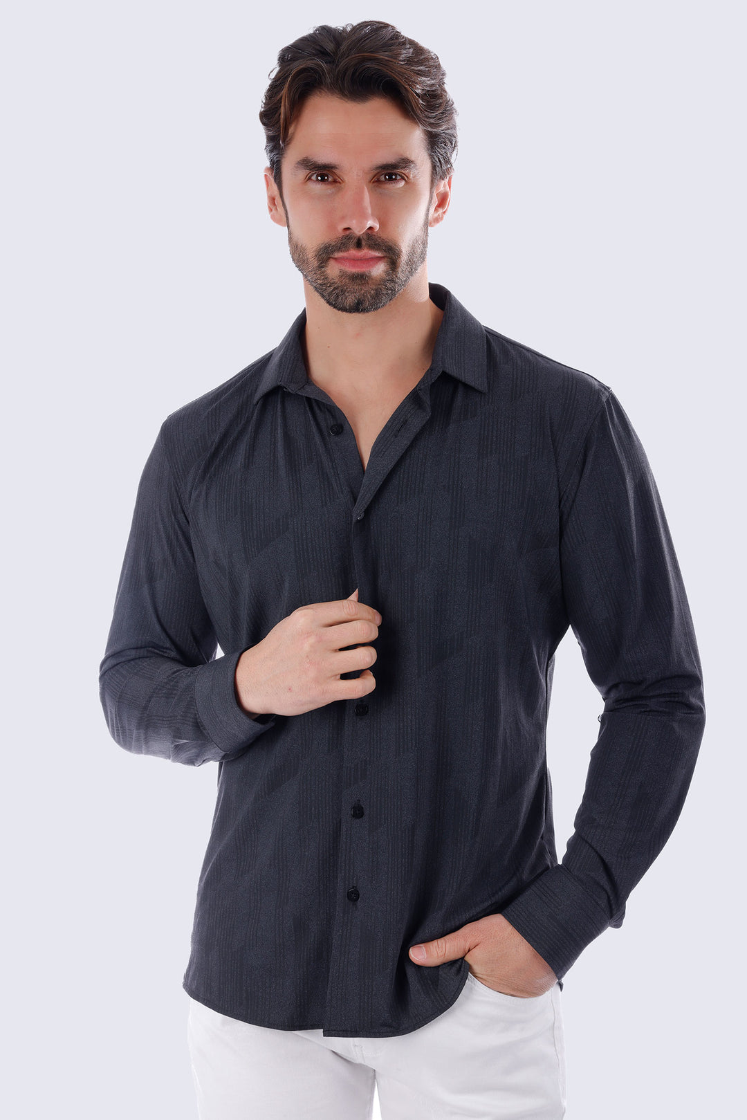 Barabas Men's Geometric Linear Button Down Long Sleeve Shirts 4B66 Black