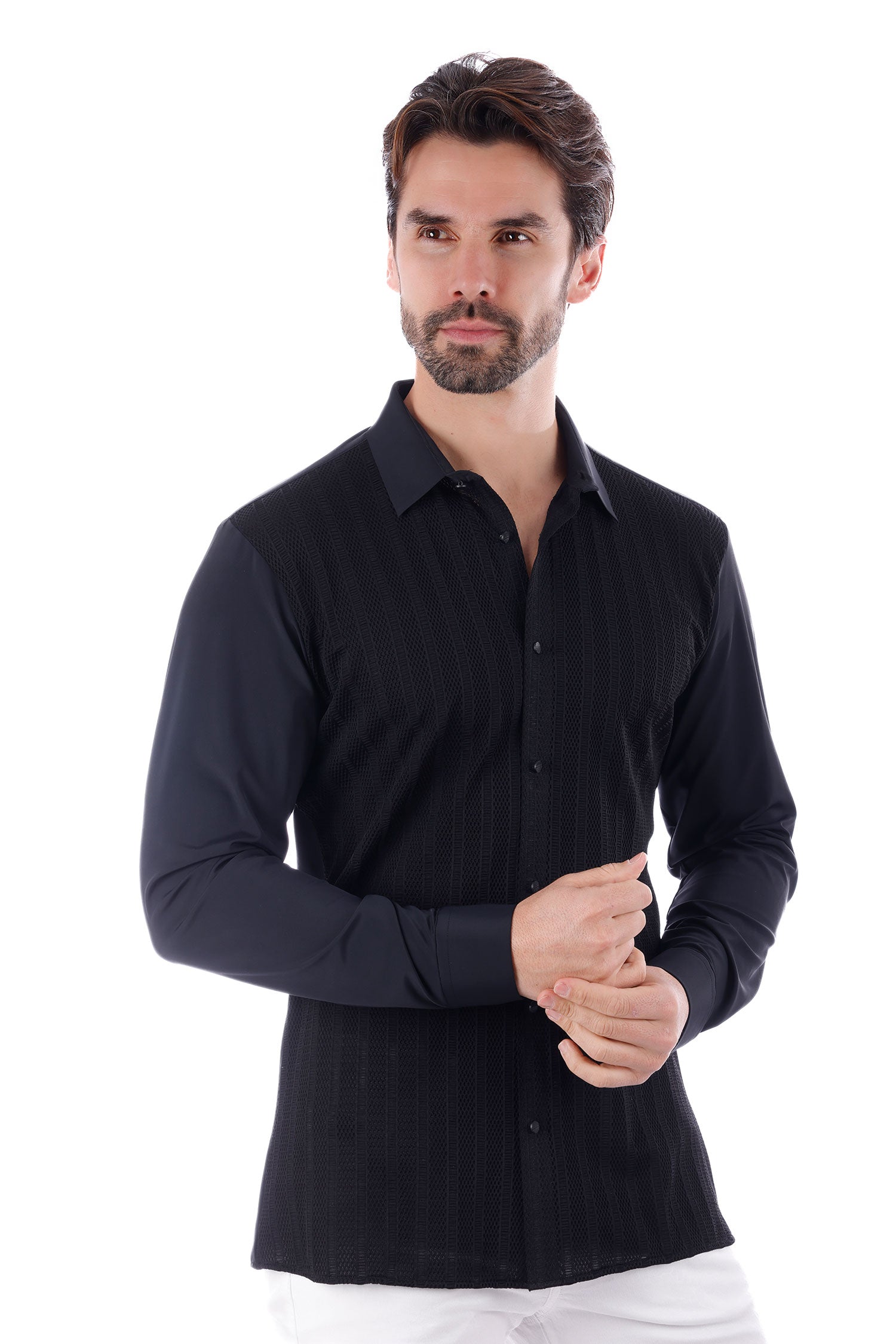 Barabas Men's See-Through Breathable Long Sleeve Shirts 4B68 Black