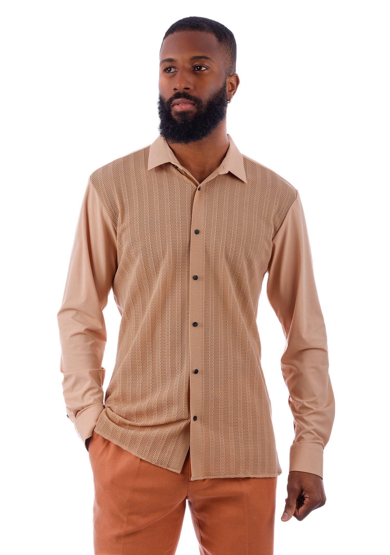 Barabas Men's See-Through Breathable Long Sleeve Shirts 4B68 Tan