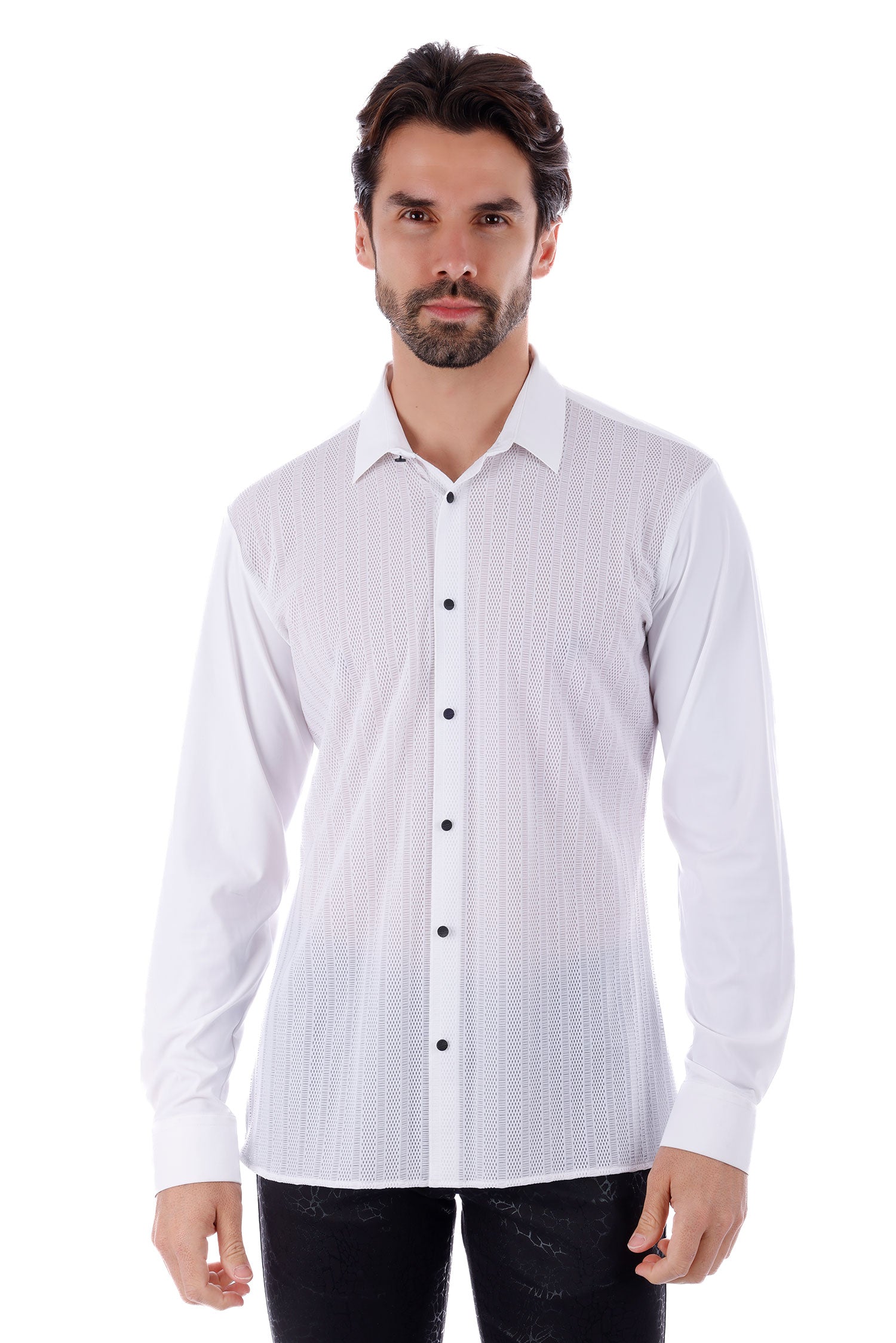 Barabas Men's See-Through Breathable Long Sleeve Shirts 4B68 White