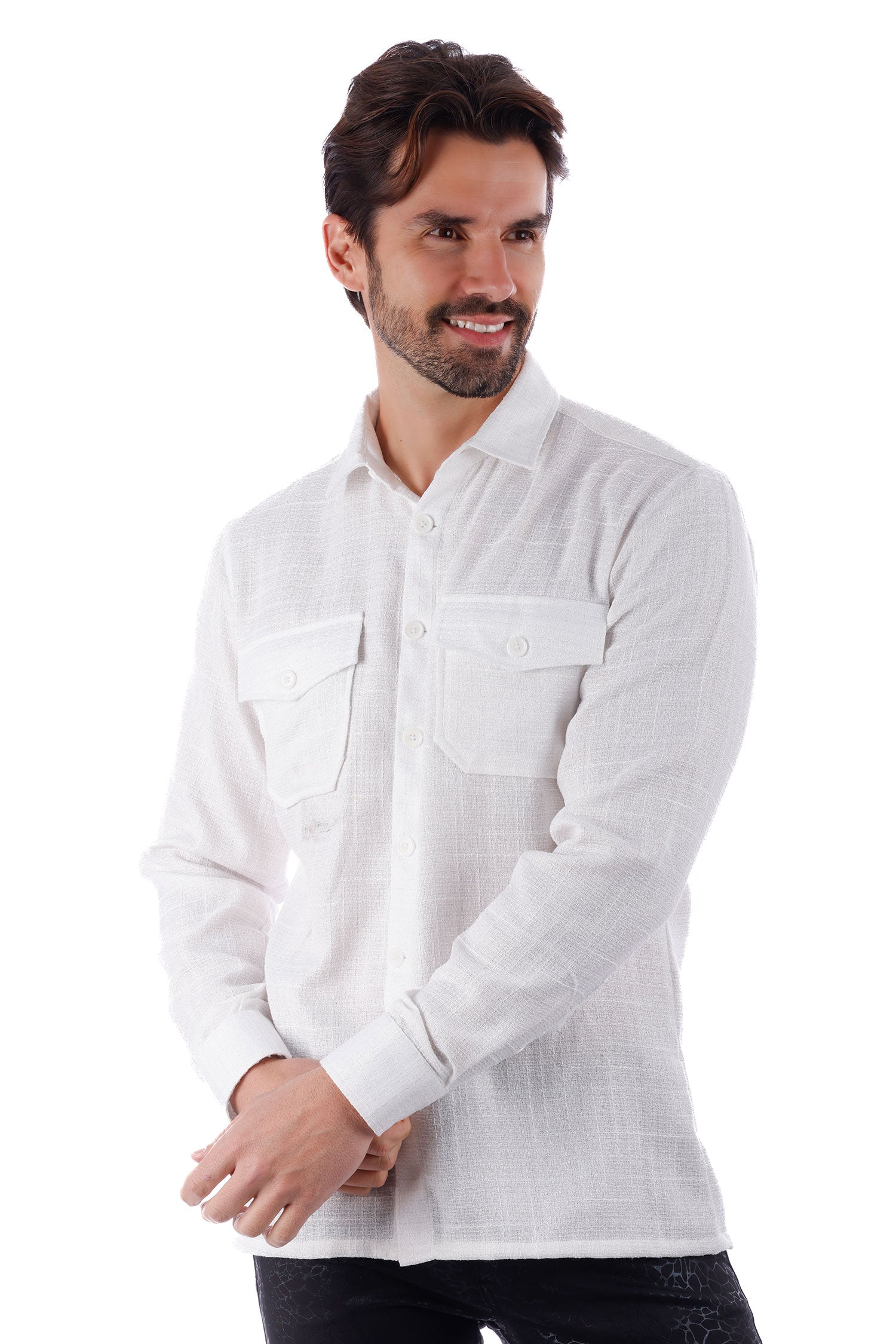 Barabas Men's Stretchy See-through Wool Long Sleeve Shirts 4B72 White