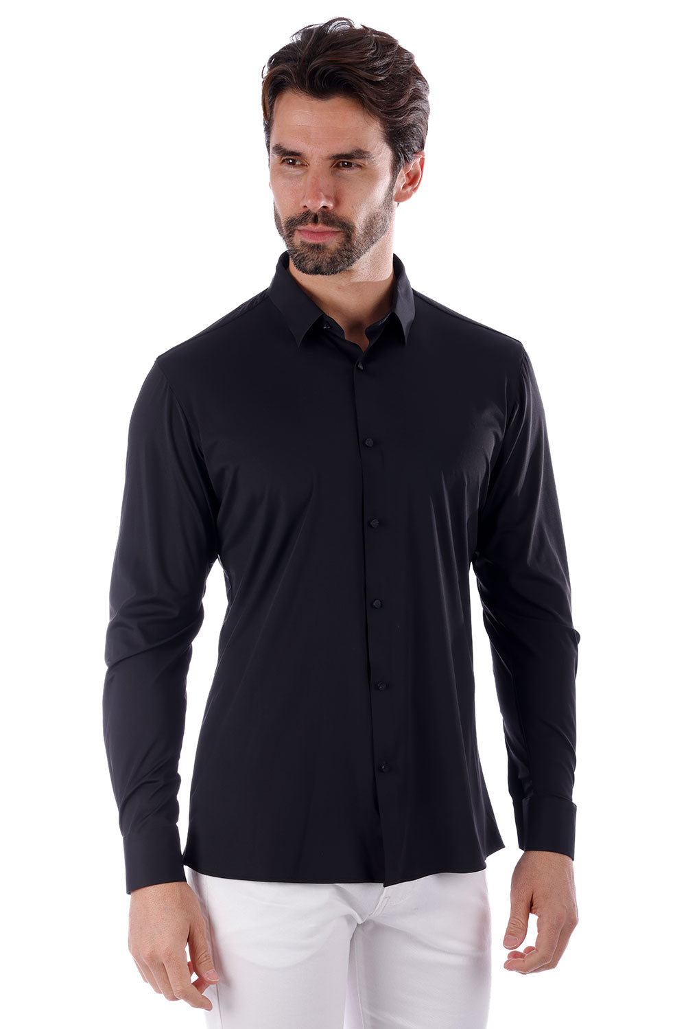 Barabas Men's Strechy Solid Color Button Down Long Sleeve Shirts 4B76 Black