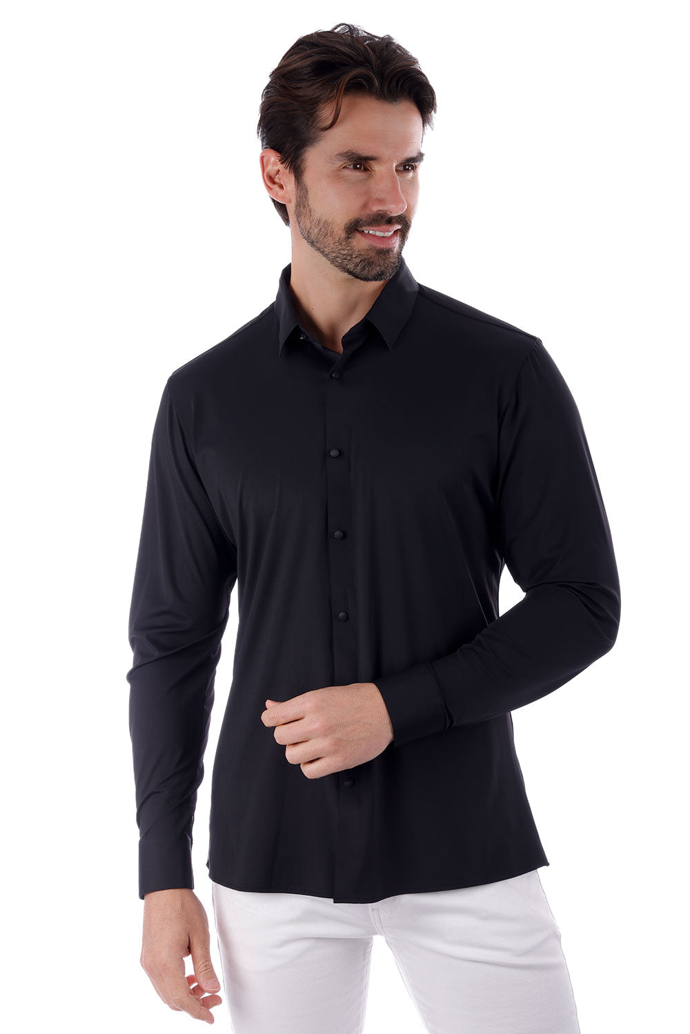 Barabas Men's Strechy Solid Color Button Down Long Sleeve Shirts 4B76 Black