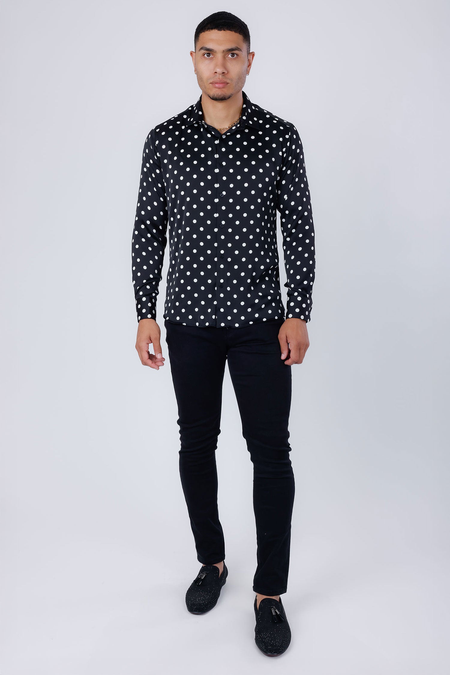 Barabas Men's Polka Dots Silk Feel Shiny Long Sleeve Shirt 4B86 Black 