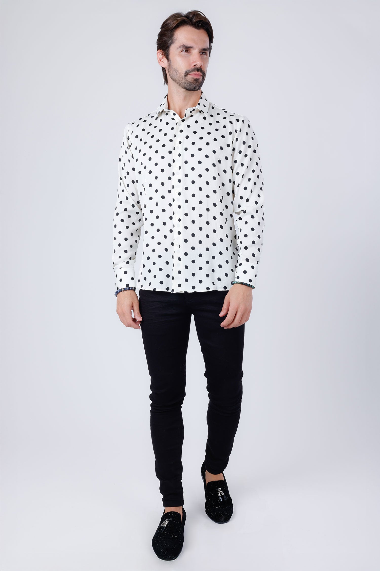 Barabas Men's Polka Dots Silk Feel Shiny Long Sleeve Shirt 4B86 White