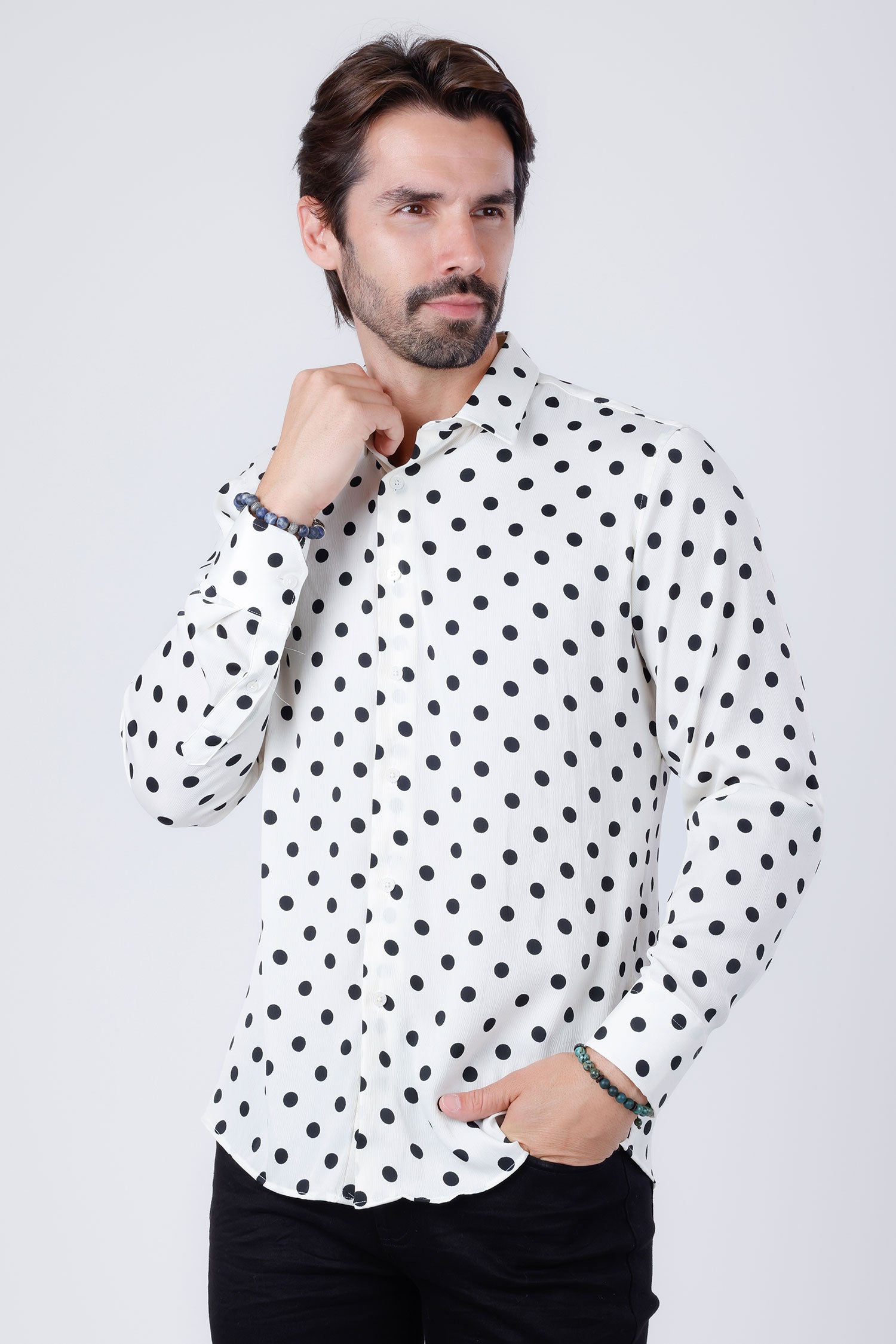 Barabas Men's Polka Dots Silk Feel Shiny Long Sleeve Shirt 4B86 White