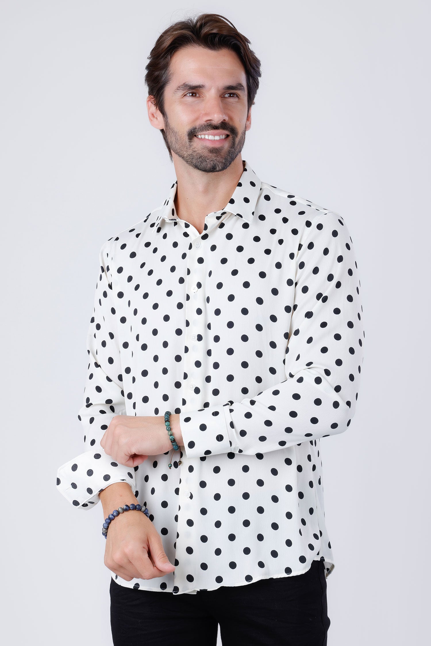 Barabas Men's Polka Dots Silk Feel Shiny Long Sleeve Shirt 4B86 White