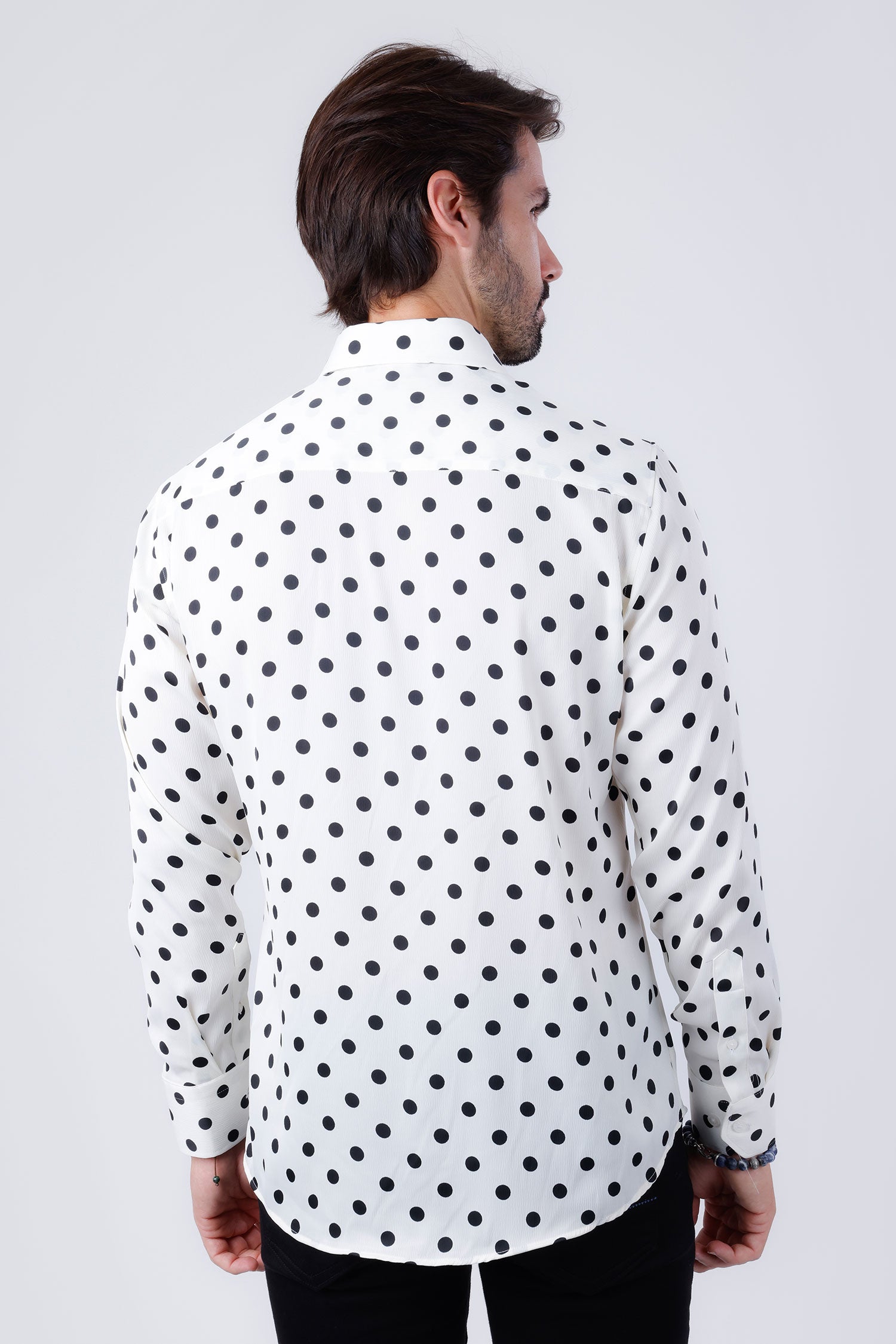 Barabas Men's Polka Dots Silk Feel Shiny Long Sleeve Shirt 4B86 White