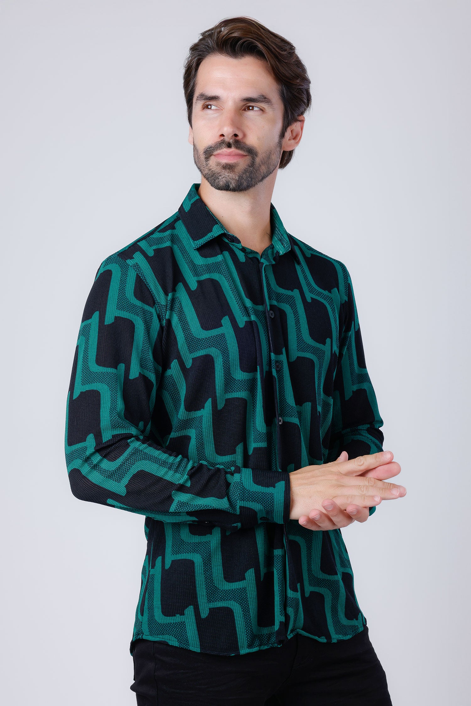 Barabas Men's Geometric Stretch See Through Long Sleeve Shirt 4B87 Green