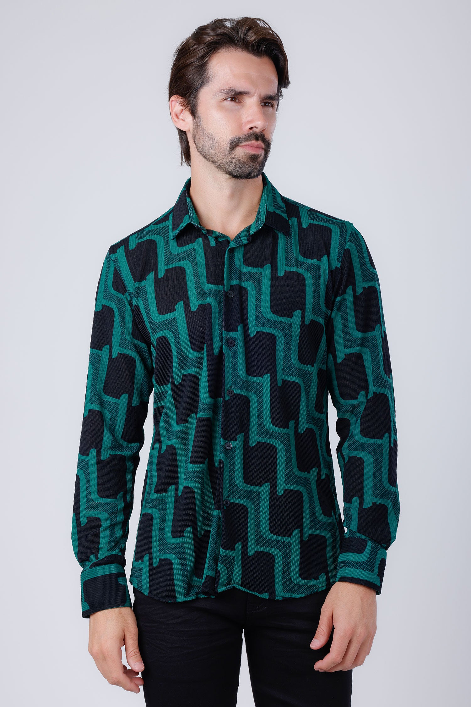 Barabas Men's Geometric Stretch See Through Long Sleeve Shirt 4B87 Green