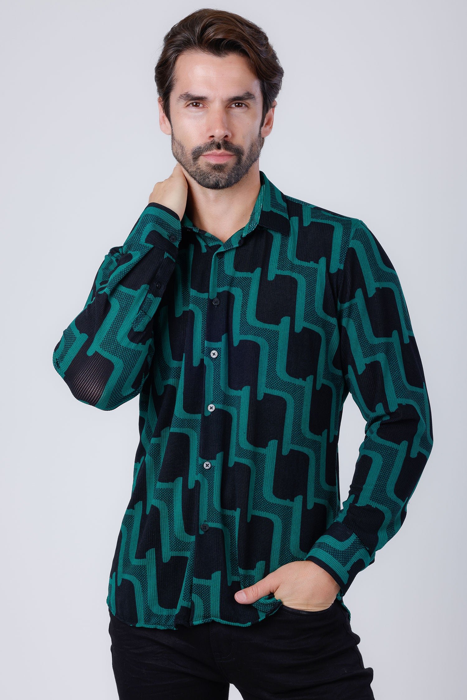 Barabas Men's Geometric Stretch See Through Long Sleeve Shirt 4B87 Green