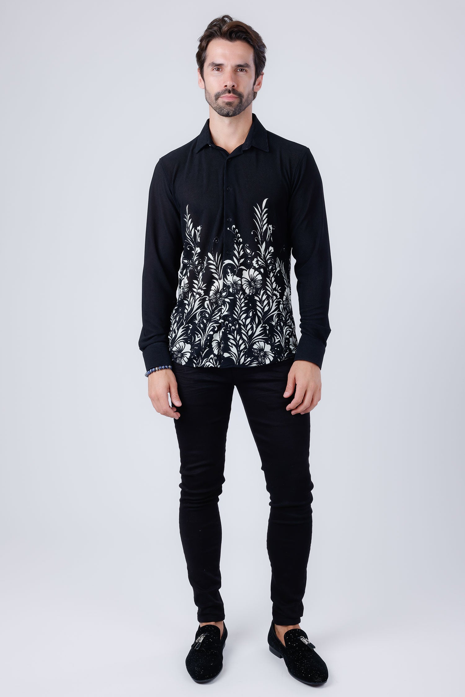 Barabas Men's Floral Stretch See Through Long Sleeve Shirt 4B90 Black