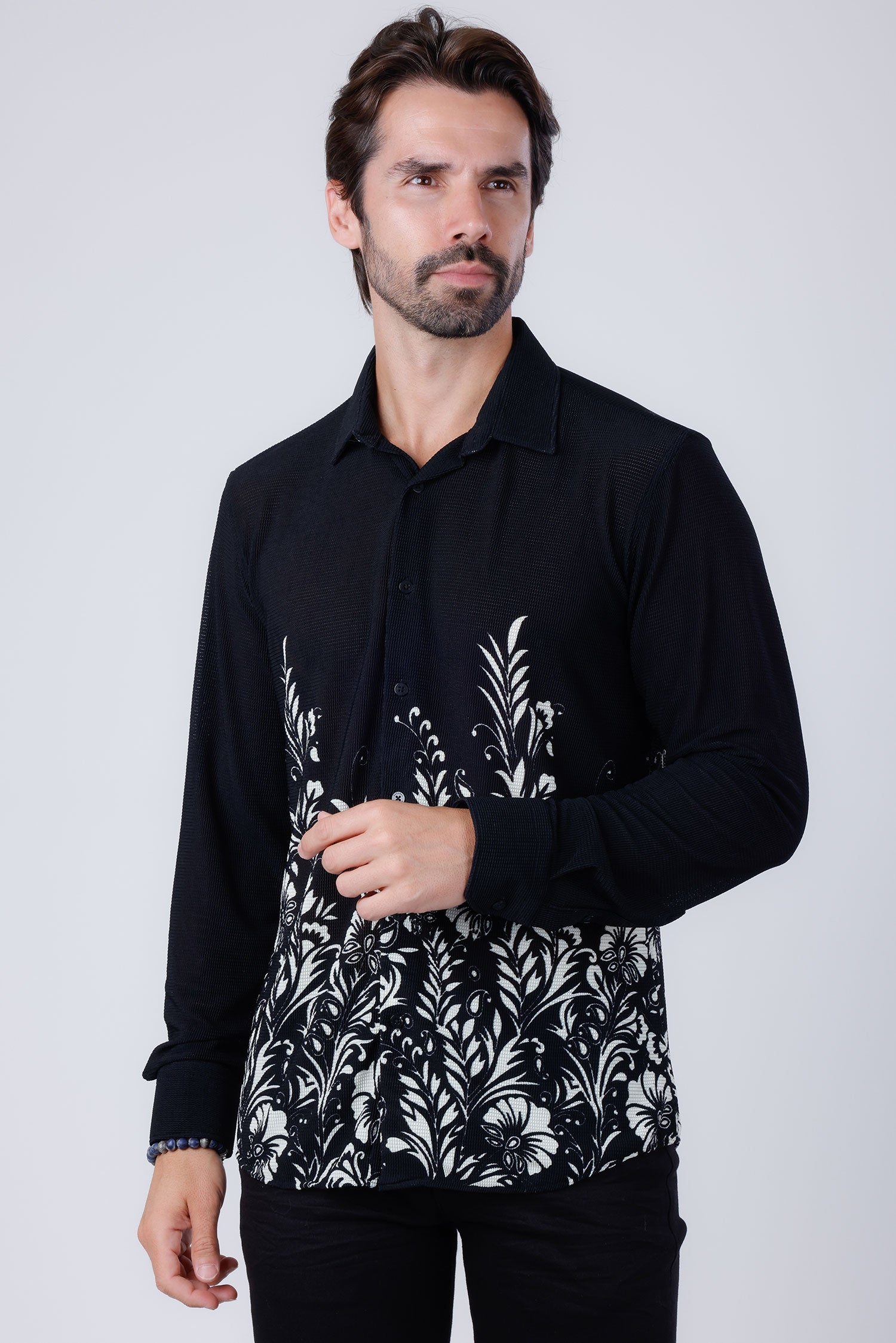 Barabas Men's Floral Stretch See Through Long Sleeve Shirt 4B90 Black