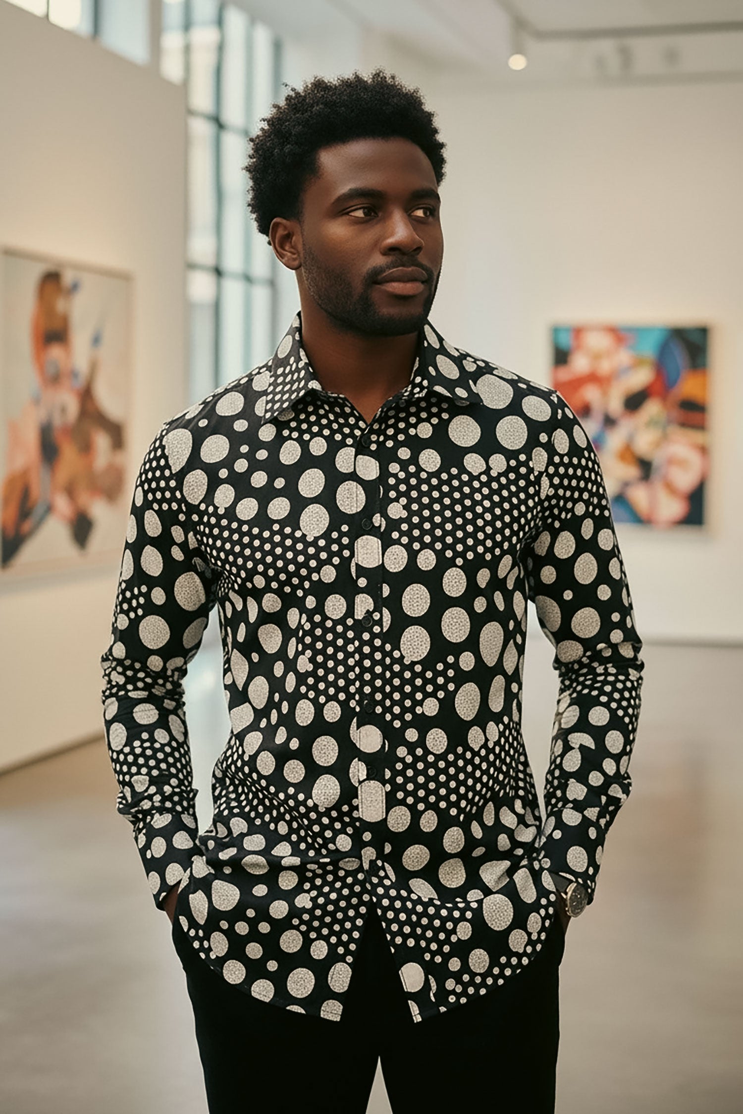 Barabas Men's Polka Dots See Through Stretch Long Sleeve Shirt 4B92 Black