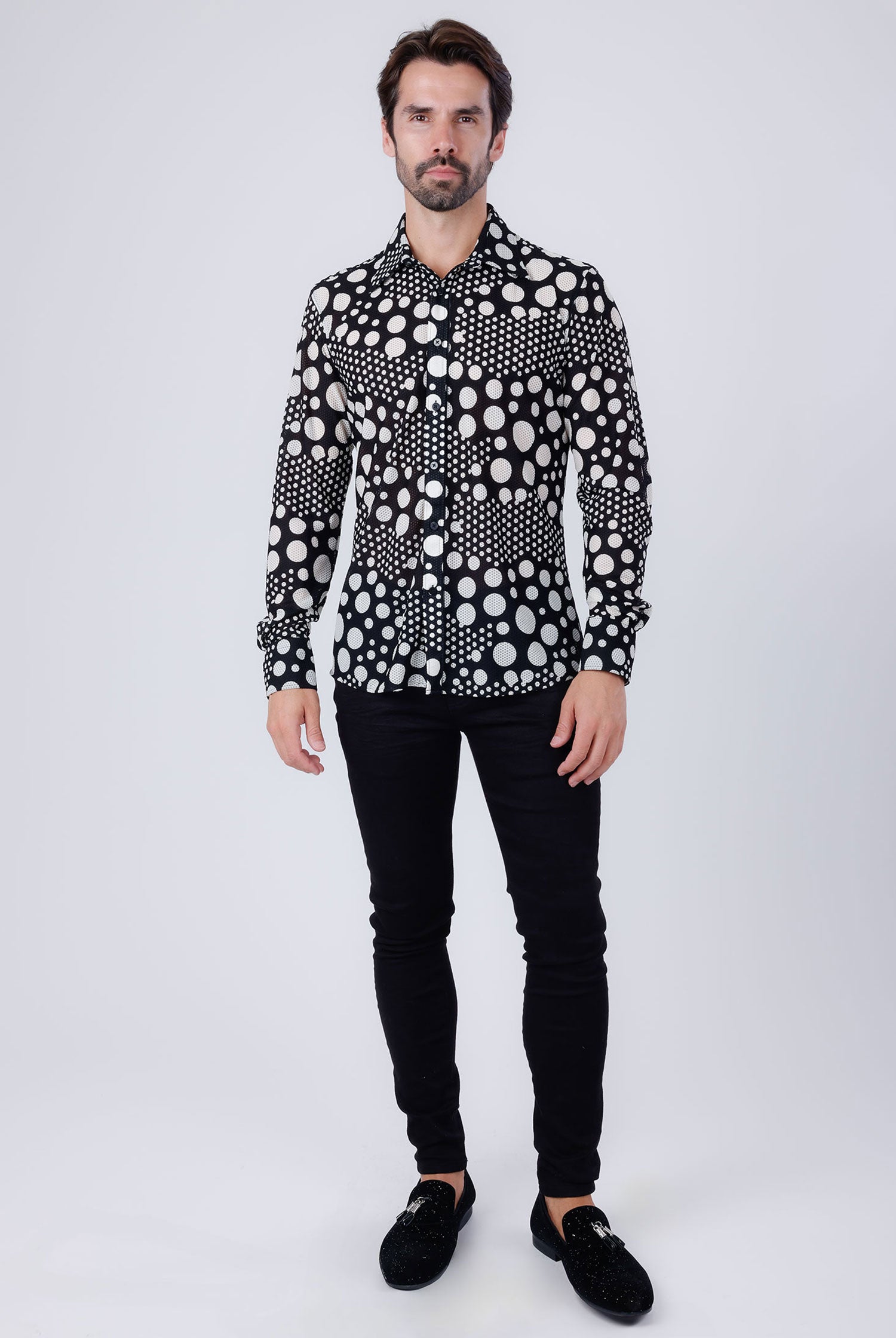 Barabas Men's Polka Dots See Through Stretch Long Sleeve Shirt 4B92 Black