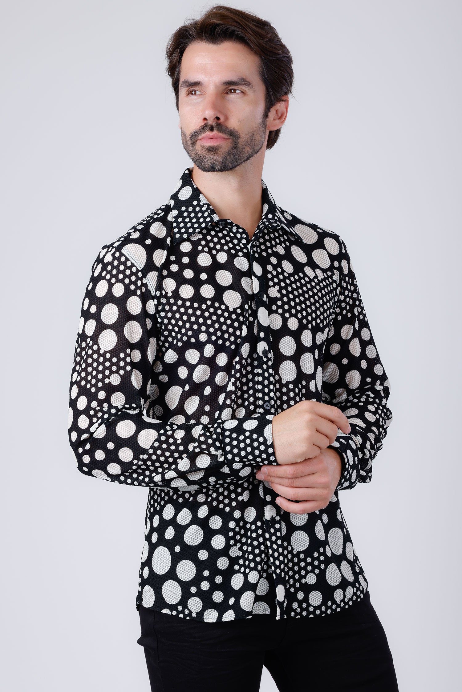 Barabas Men's Polka Dots See Through Stretch Long Sleeve Shirt 4B92 White