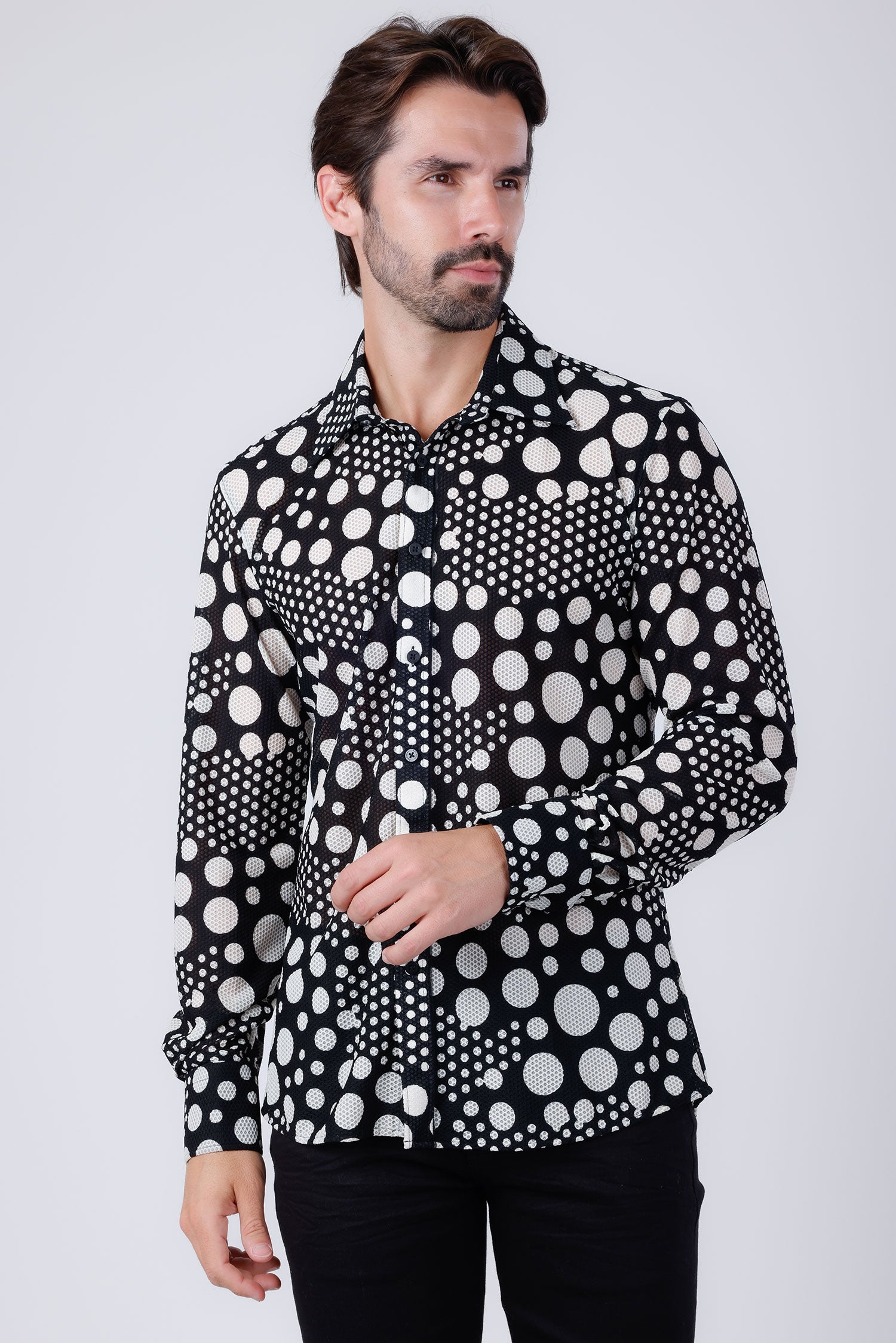 Barabas Men's Polka Dots See Through Stretch Long Sleeve Shirt 4B92 Black