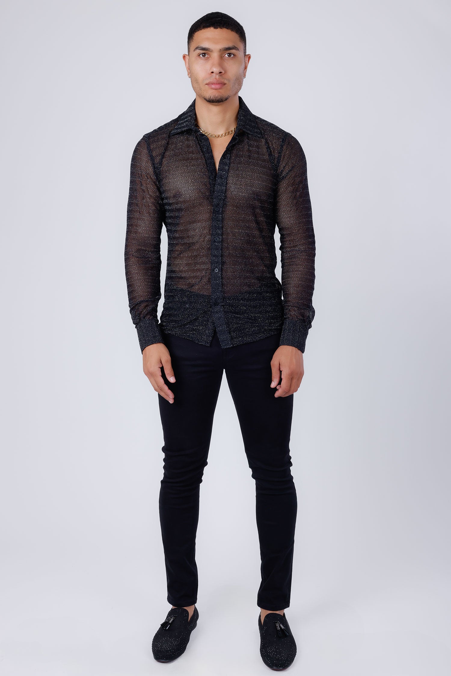 Barabas Men's Stretch Geometric See Through Long Sleeve Shirt 4B94 Black