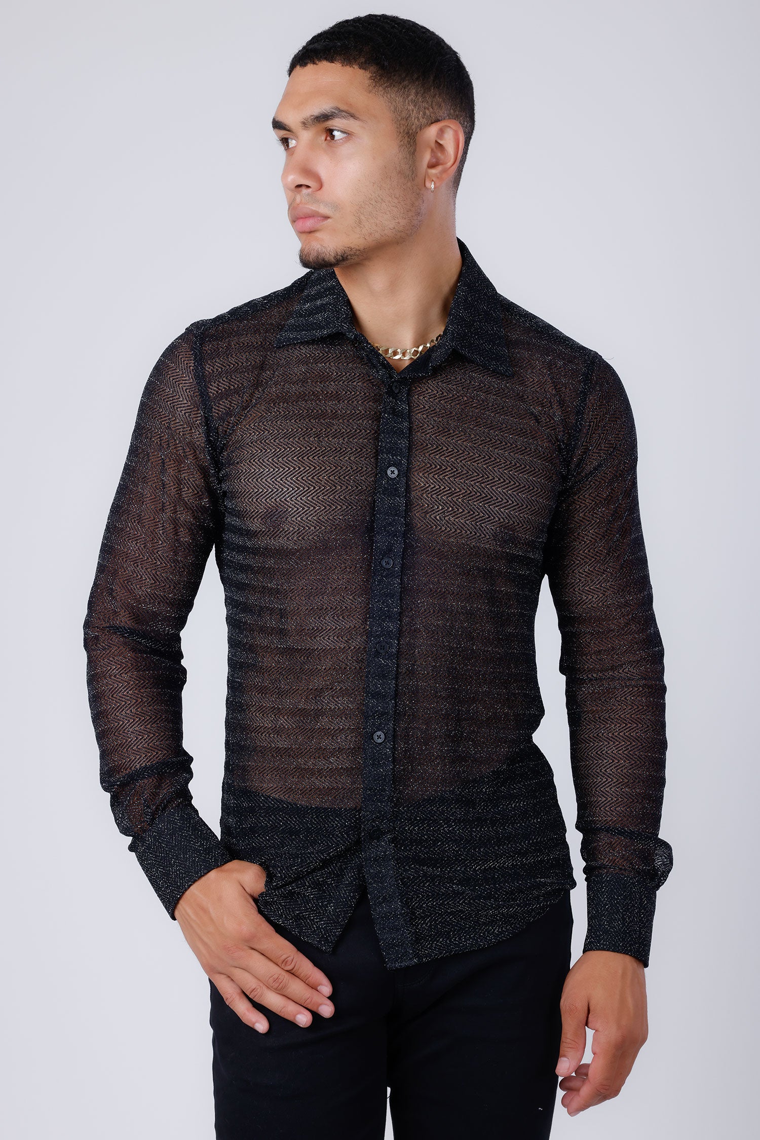 Barabas Men's Stretch Geometric See Through Long Sleeve Shirt 4B94 Black