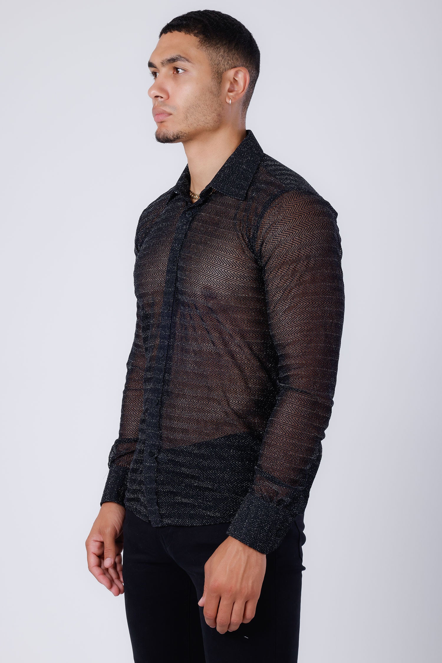 Barabas Men's Stretch Geometric See Through Long Sleeve Shirt 4B94 Black