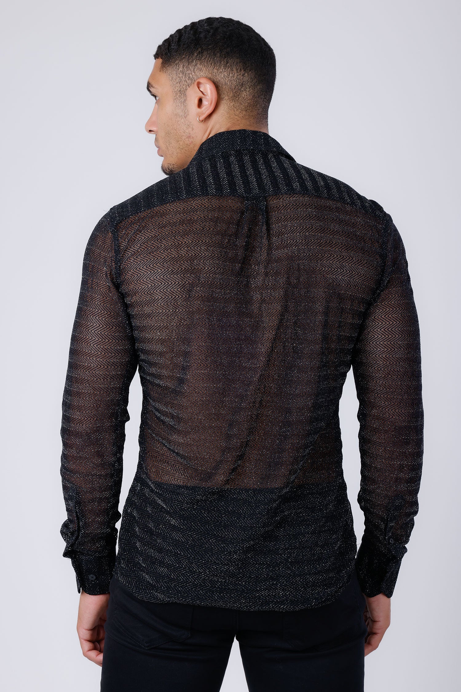 Barabas Men's Stretch Geometric See Through Long Sleeve Shirt 4B94 Black